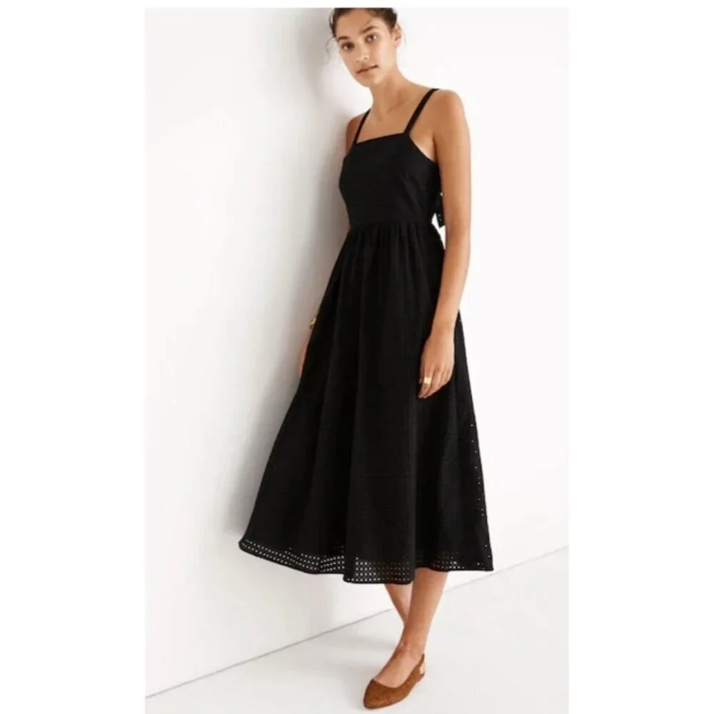 Madewell Black Eyelet Bow Back Midi Dress Cotton Size 4 Spaghetti Straps